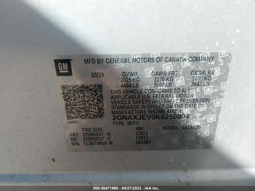 2019 CHEVROLET EQUINOX LT - 2GNAXJEV0K6250804