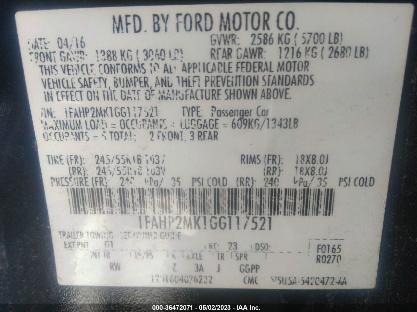 2016 FORD SEDAN POLICE INTERCEPTOR 1FAHP2MK1GG117521