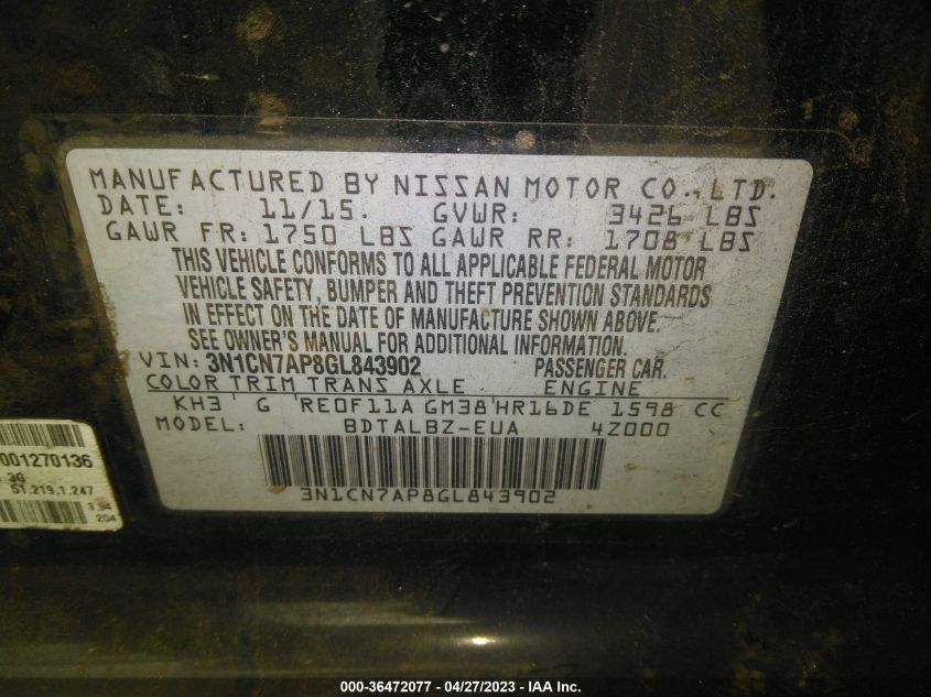 2016 NISSAN VERSA SV - 3N1CN7AP8GL843902