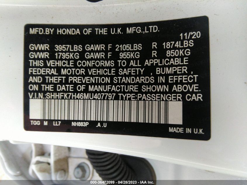 2021 HONDA CIVIC HATCHBACK SPORT - SHHFK7H46MU407797