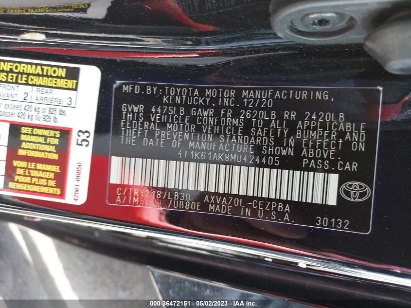 2021 TOYOTA CAMRY XSE - 4T1K61AK8MU424405