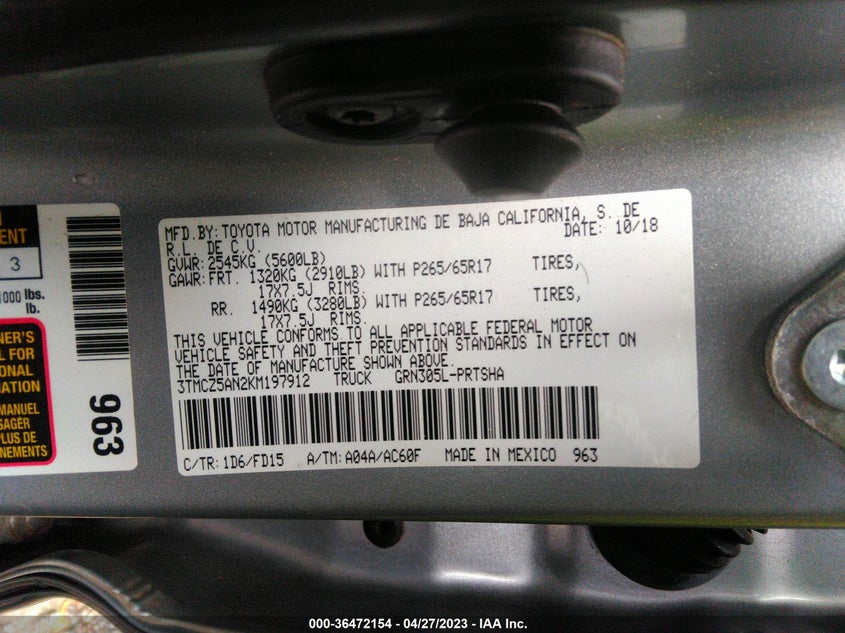 VIN 3TMCZ5AN2KM197912 2019 TOYOTA TACOMA 4WD SR/SR5/TRD SPORT