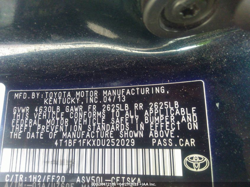 2013 TOYOTA CAMRY L/LE/SE/XLE - 4T1BF1FKXDU252029