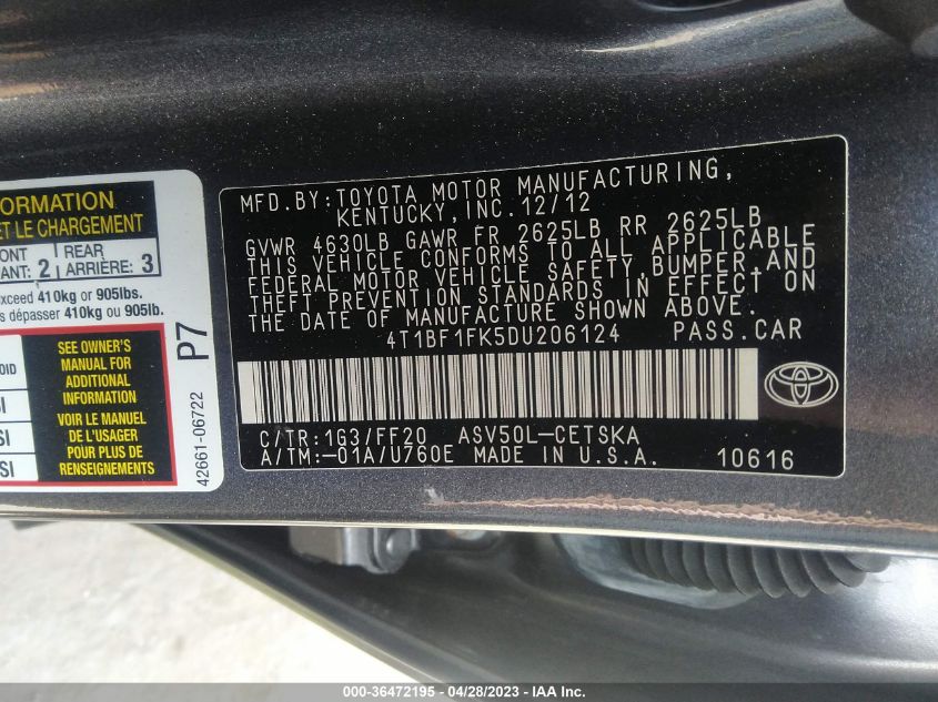 2013 TOYOTA CAMRY L/LE/SE/XLE - 4T1BF1FK5DU206124