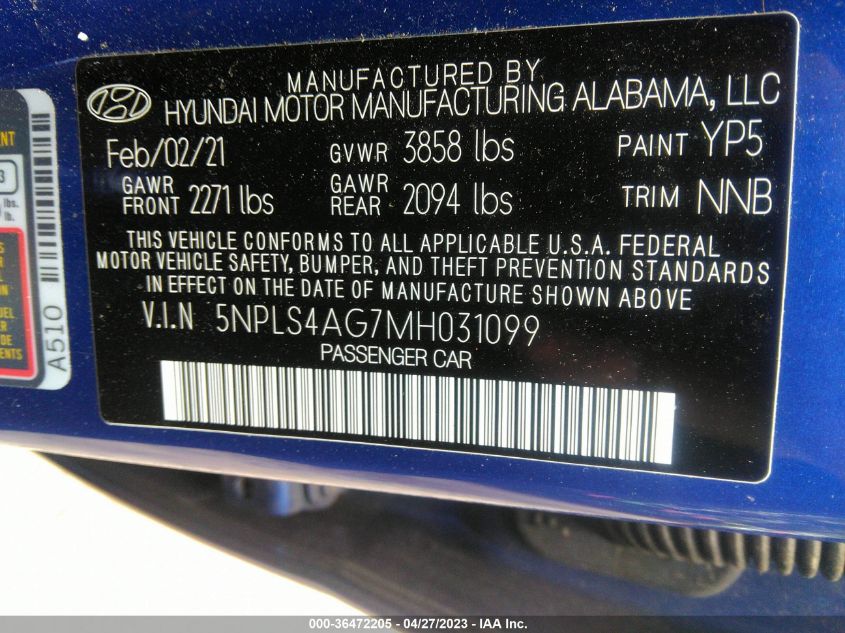 2021 HYUNDAI ELANTRA SEL - 5NPLS4AG7MH031099