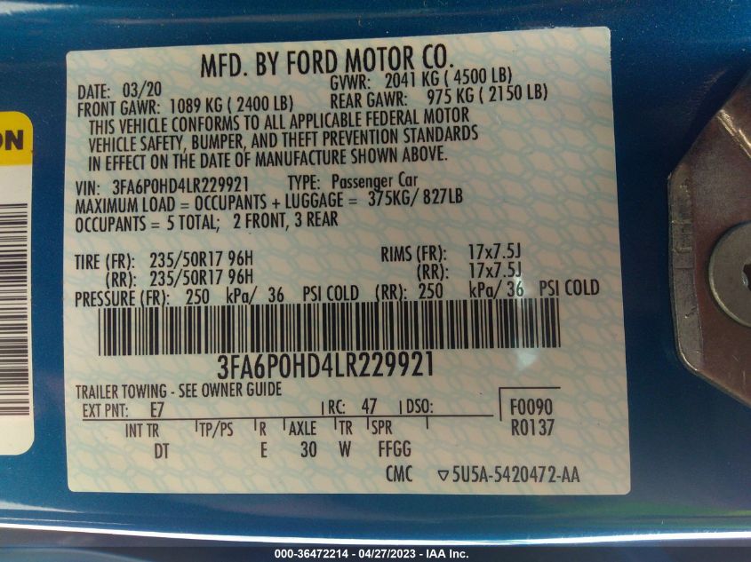 2020 FORD FUSION SE - 3FA6P0HD4LR229921