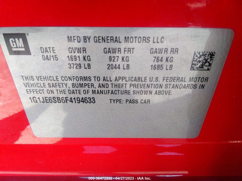 2015 CHEVROLET SONIC LTZ - 1G1JE6SB6F4194633