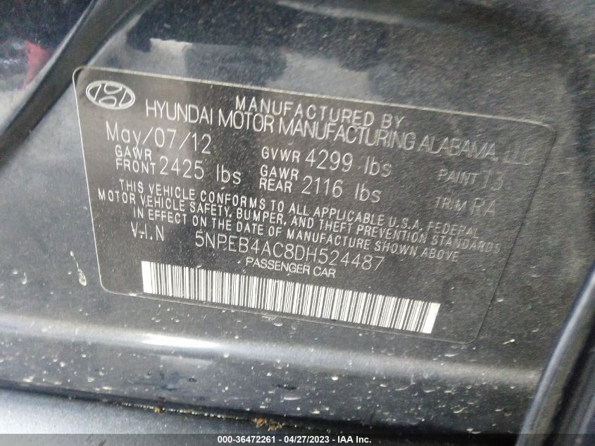 2013 HYUNDAI SONATA GLS - 5NPEB4AC8DH524487