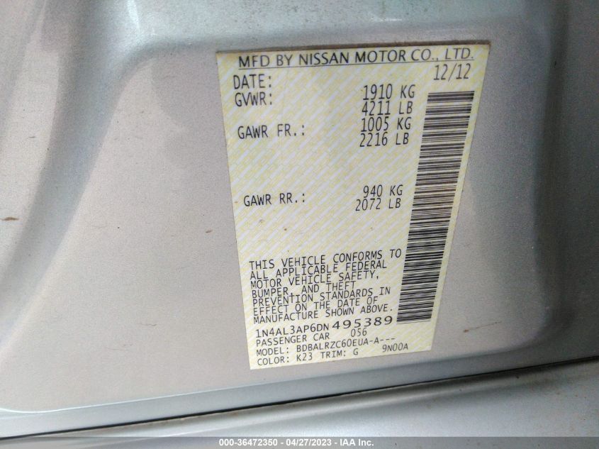 2013 NISSAN ALTIMA 2.5 S - 1N4AL3AP6DN495389