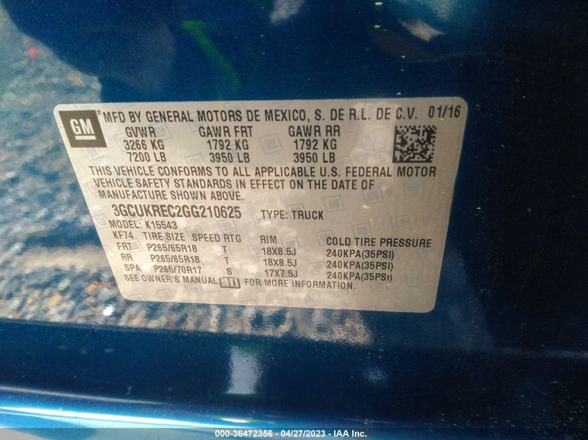 2016 CHEVROLET SILVERADO 1500 LT - 3GCUKREC2GG210625