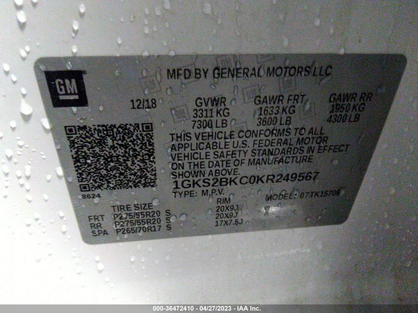 2019 GMC YUKON SLT - 1GKS2BKC0KR249567