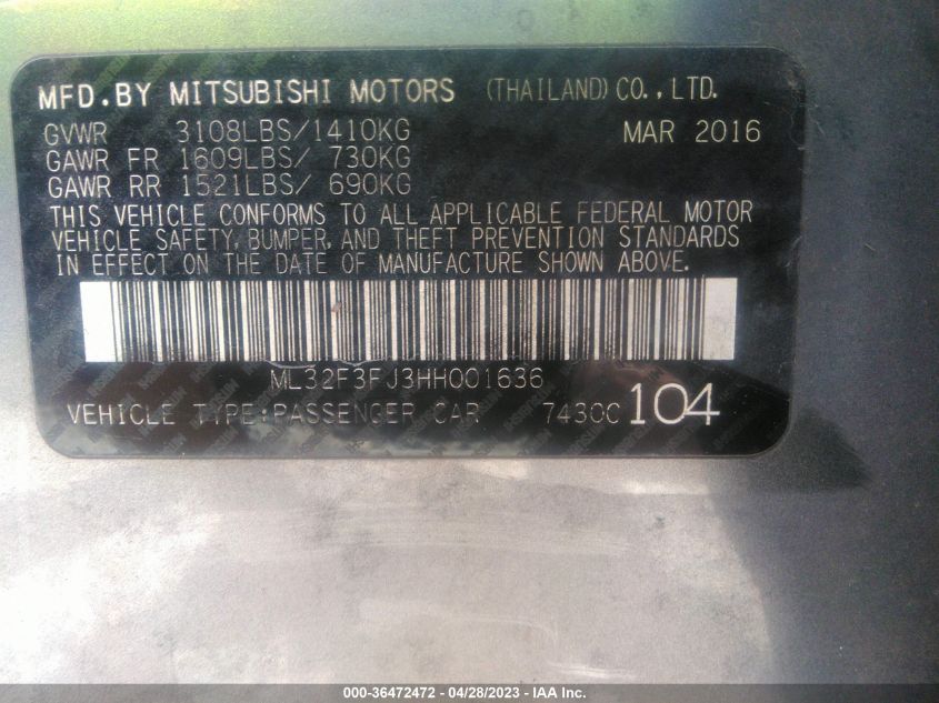 2017 MITSUBISHI MIRAGE G4 ES - ML32F3FJ3HH001636