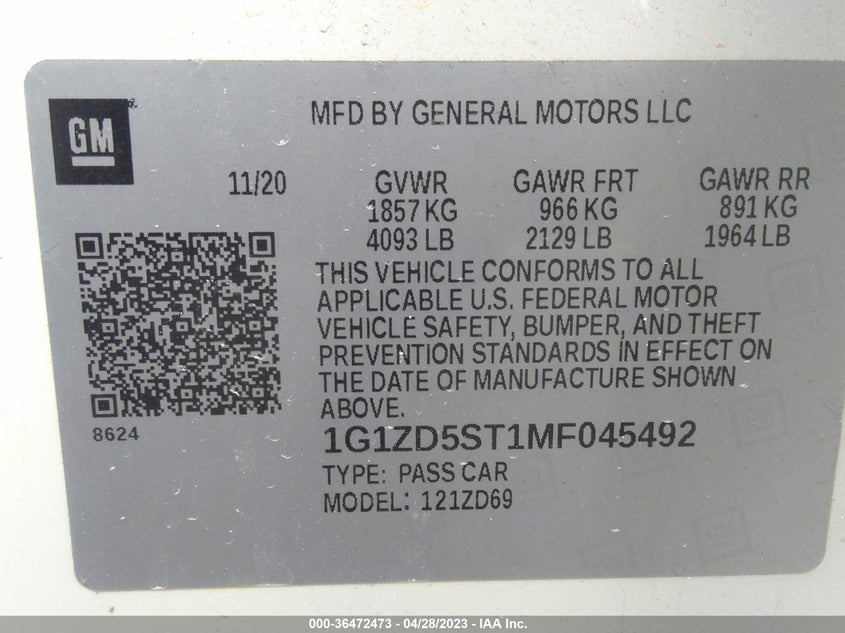 VIN 1G1ZD5ST1MF045492 2021 CHEVROLET MALIBU LT
