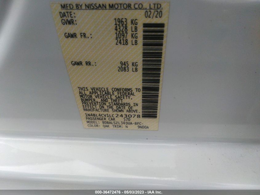 2020 NISSAN ALTIMA 2.5 SR - 1N4BL4CV1LC243078