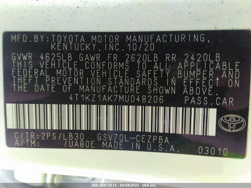 2021 TOYOTA CAMRY V6 - 4T1KZ1AK7MU048206