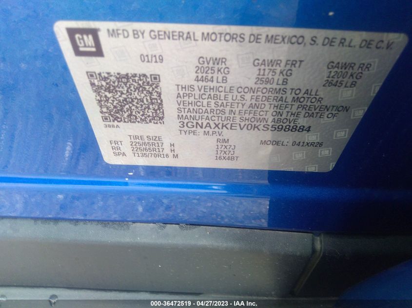 2019 CHEVROLET EQUINOX LT - 3GNAXKEV0KS598884