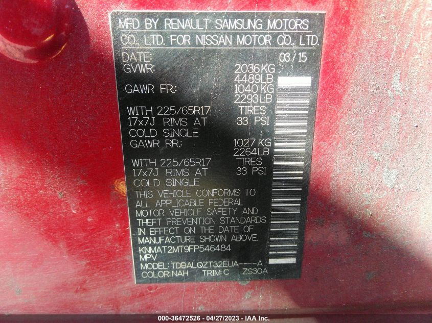 2015 NISSAN ROGUE SV - KNMAT2MT9FP546484