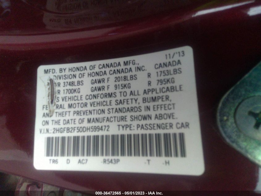 2013 HONDA CIVIC SDN LX - 2HGFB2F50DH599472