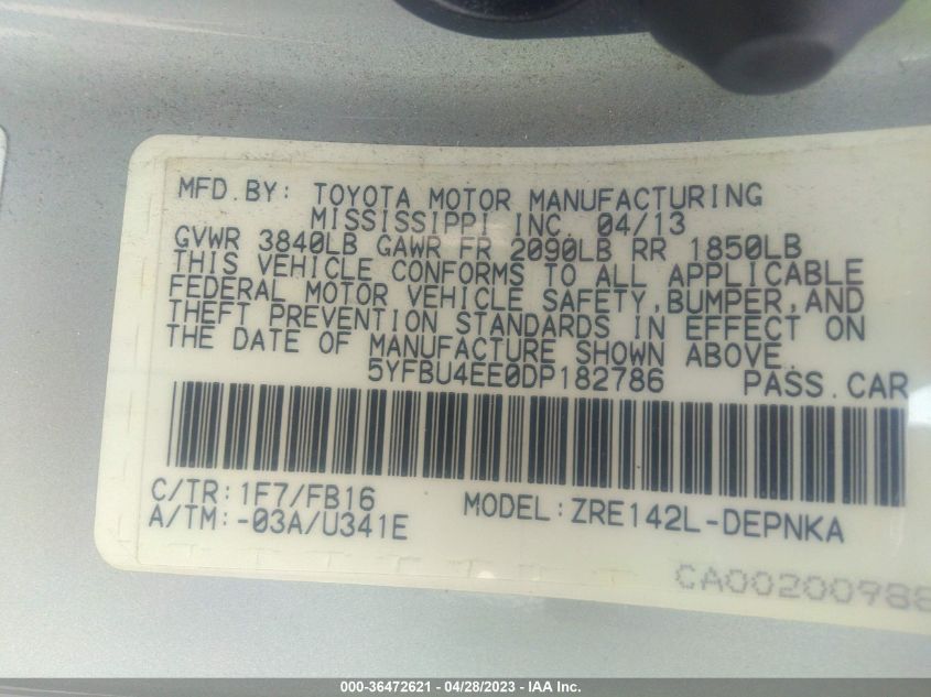 2013 TOYOTA COROLLA L/LE/S - 5YFBU4EE0DP182786
