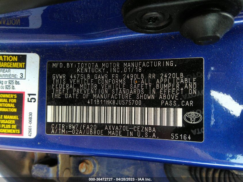 2018 TOYOTA CAMRY LE/SE/XLE/L - 4T1B11HK8JU575700