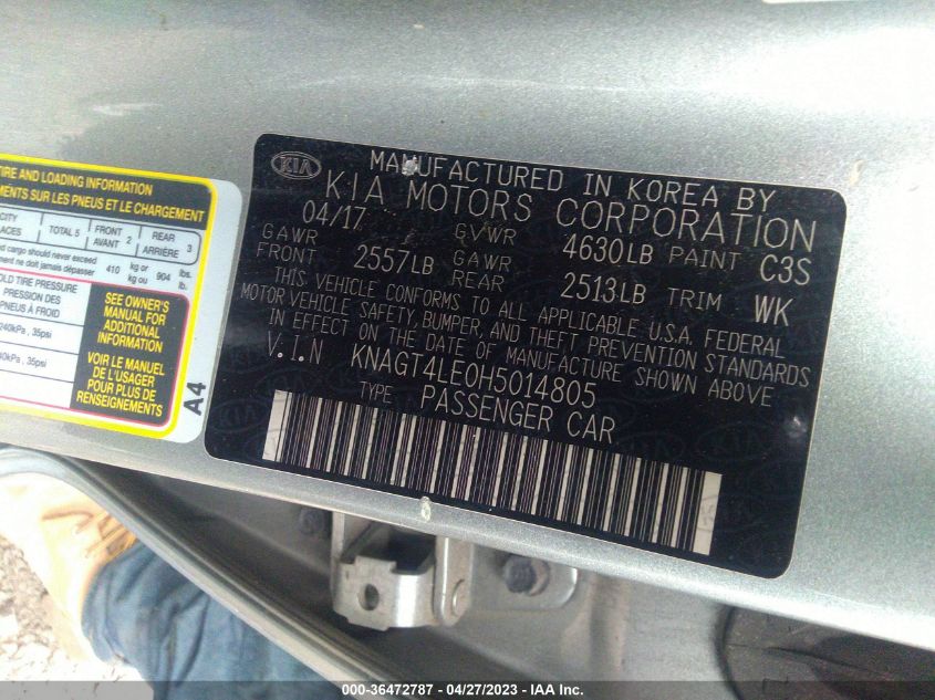 2017 KIA OPTIMA HYBRID BASE - KNAGT4LE0H5014805