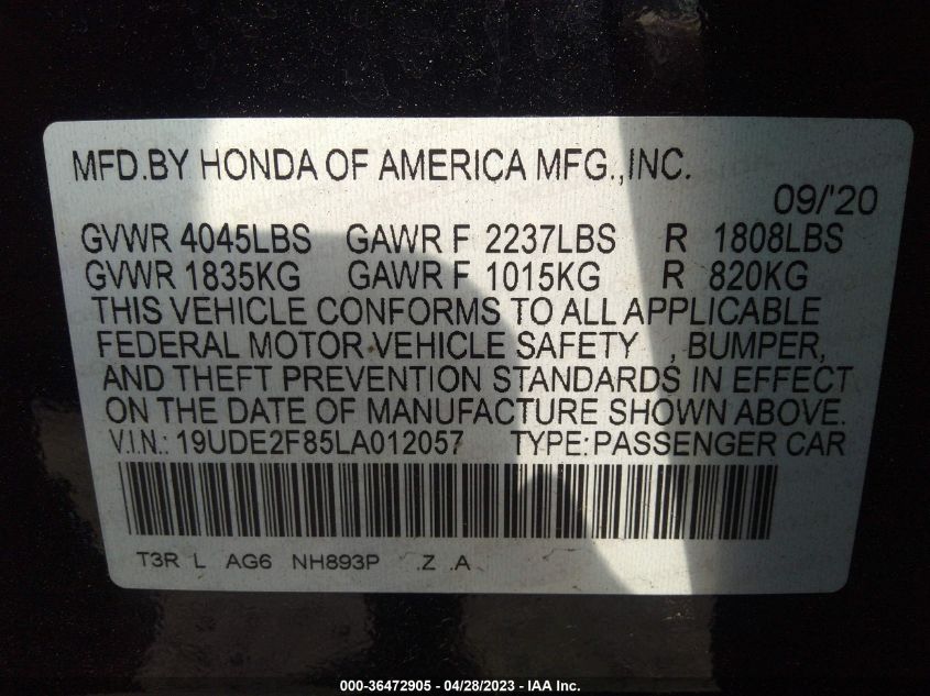 2020 ACURA ILX PKG - 19UDE2F85LA012057