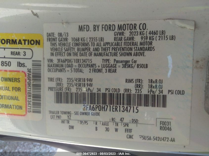 2014 FORD FUSION SE - 3FA6P0H71ER134715