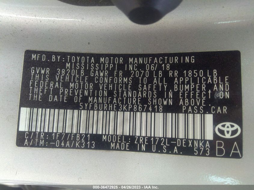 2019 TOYOTA COROLLA L/LE/SE/XLE/XSE - 5YFBURHE3KP867418