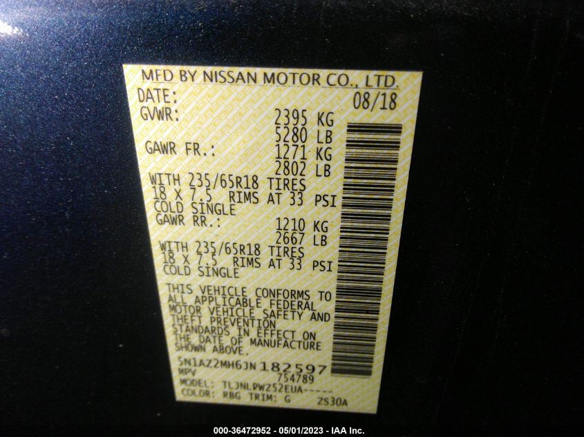2018 NISSAN MURANO S - 5N1AZ2MH6JN182597