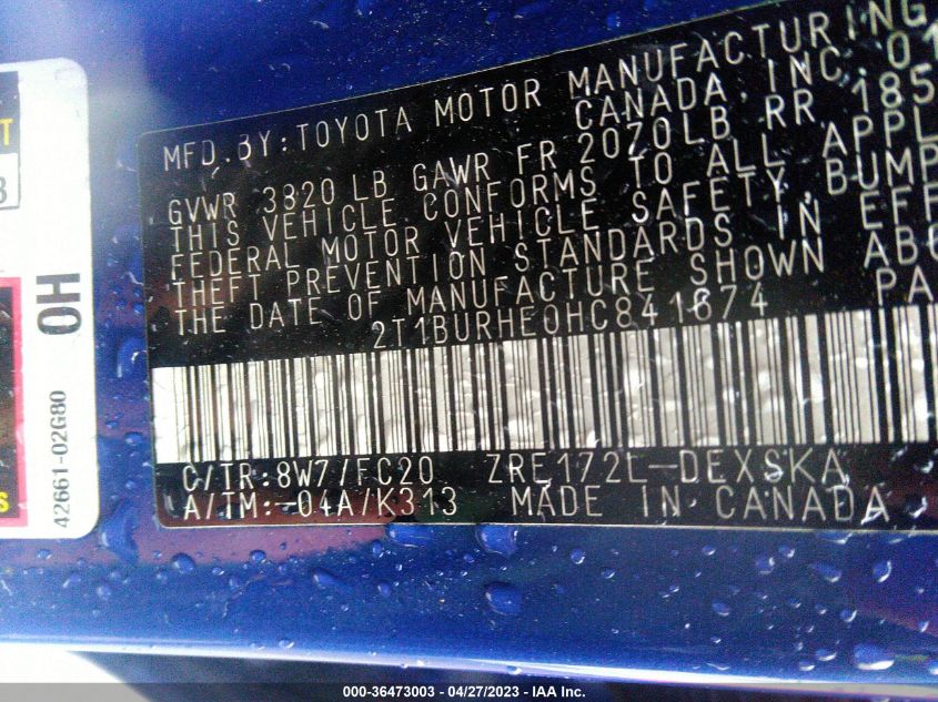 2017 TOYOTA COROLLA L/LE/XLE/SE - 2T1BURHE0HC841674