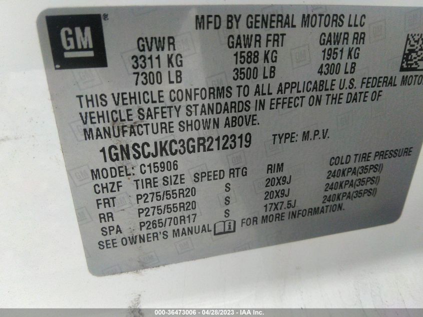 2016 CHEVROLET SUBURBAN LTZ - 1GNSCJKC3GR212319
