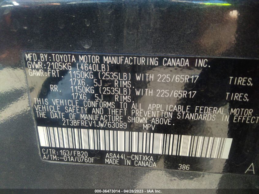 2018 TOYOTA RAV4 LE - 2T3BFREV1JW763089