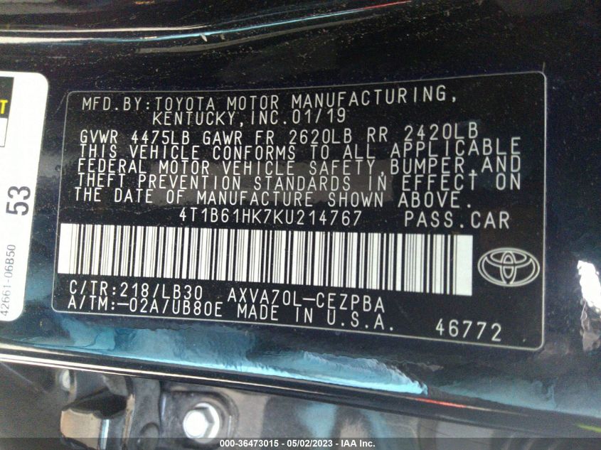 2019 TOYOTA CAMRY XSE - 4T1B61HK7KU214767