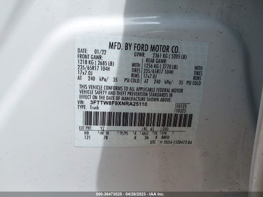 2022 FORD MAVERICK XL/XLT/LARIAT - 3FTTW8F9XNRA25110