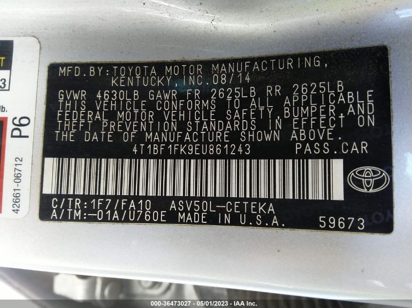 2014 TOYOTA CAMRY L/LE/XLE/SE/SE SPORT - 4T1BF1FK9EU861243