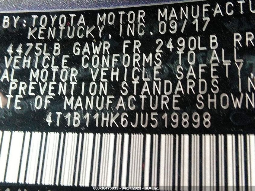 2018 TOYOTA CAMRY LE/SE/XLE/L - 4T1B11HK6JU519898