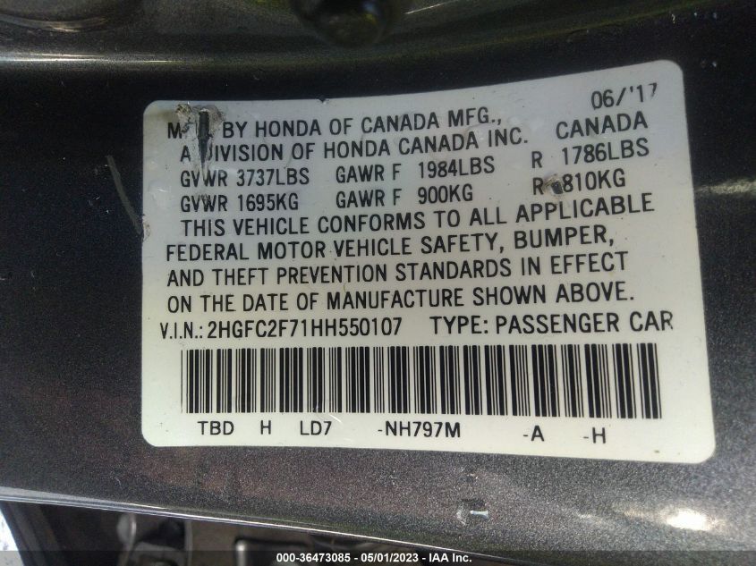 2017 HONDA CIVIC SEDAN EX - 2HGFC2F71HH550107