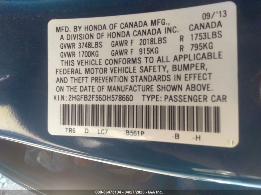 2013 HONDA CIVIC SDN LX - 2HGFB2F56DH578660