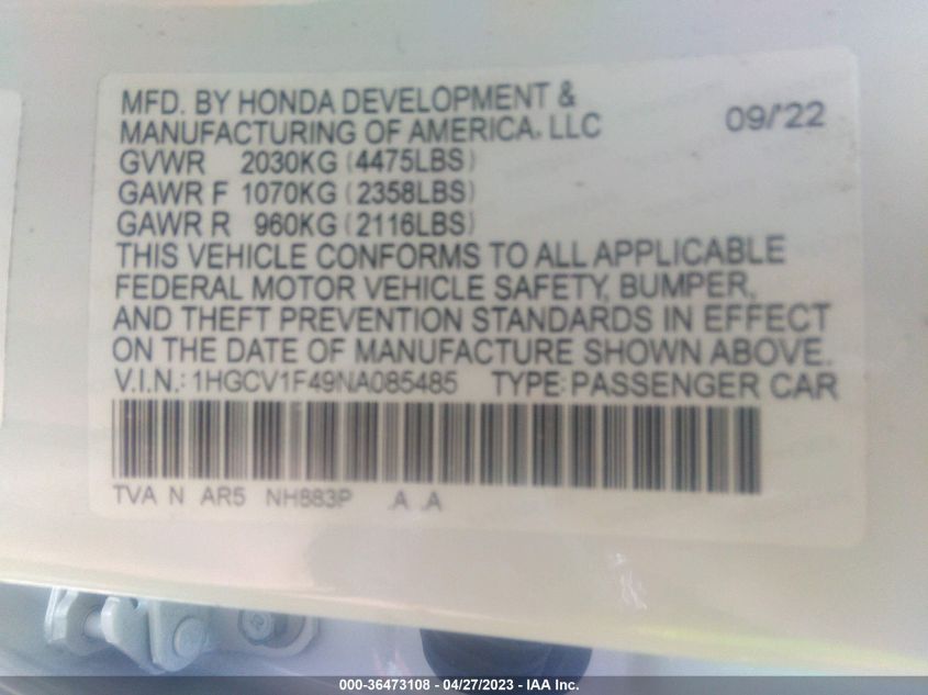2022 HONDA ACCORD SEDAN SPORT SE - 1HGCV1F49NA085485