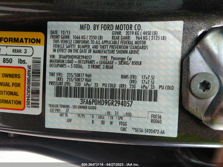 2016 FORD FUSION SE - 3FA6P0HD9GR294057