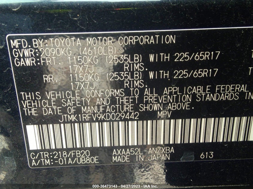 VIN JTMK1RFV9KD029442 2019 TOYOTA RAV4 LE