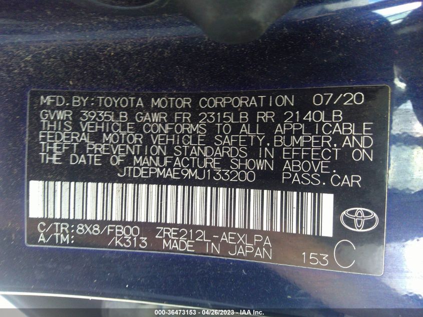 2021 TOYOTA COROLLA LE - JTDEPMAE9MJ133200