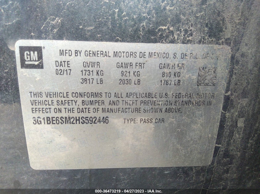 VIN 3G1BE6SM2HS592446 2017 CHEVROLET CRUZE LT