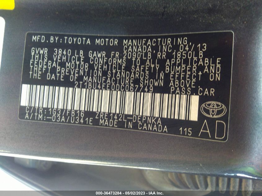 2013 TOYOTA COROLLA L/LE/S - 2T1BU4EE0DC067749