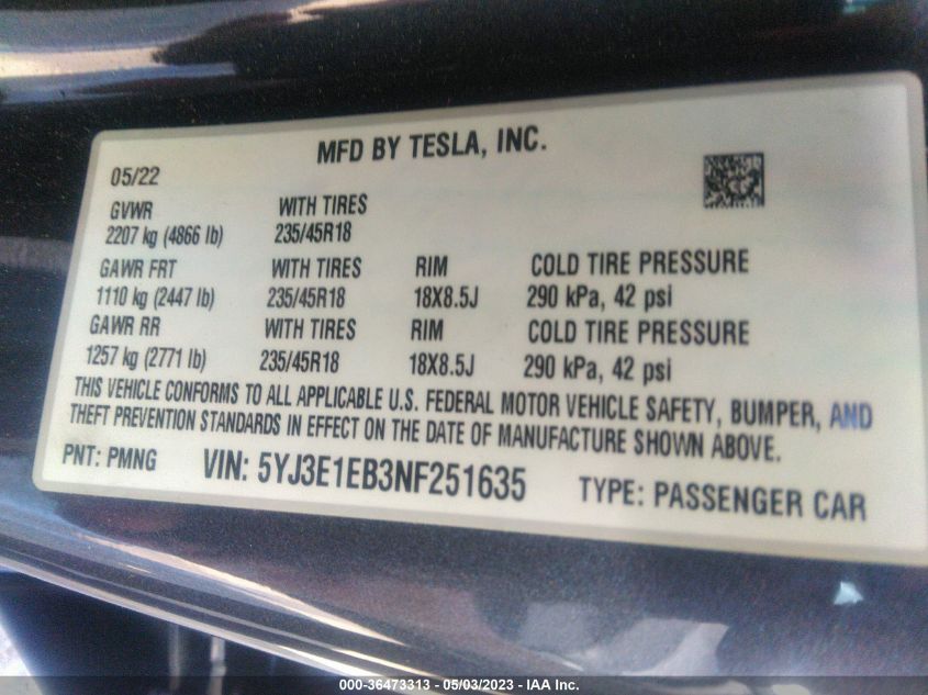 2022 TESLA MODEL 3 LONG RANGE - 5YJ3E1EB3NF251635