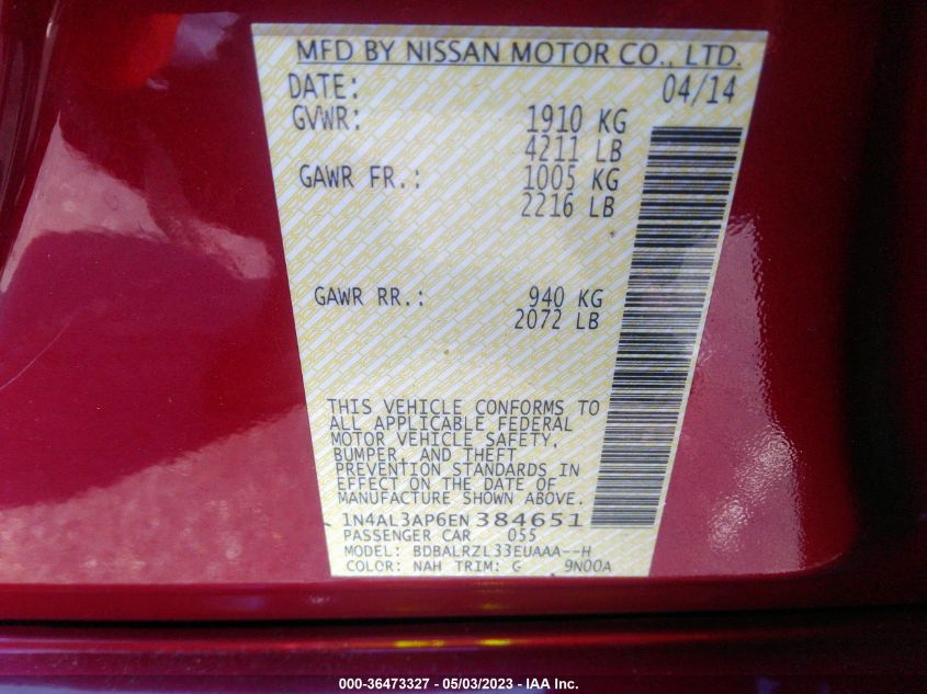 2014 NISSAN ALTIMA 2.5 S - 1N4AL3AP6EN384651