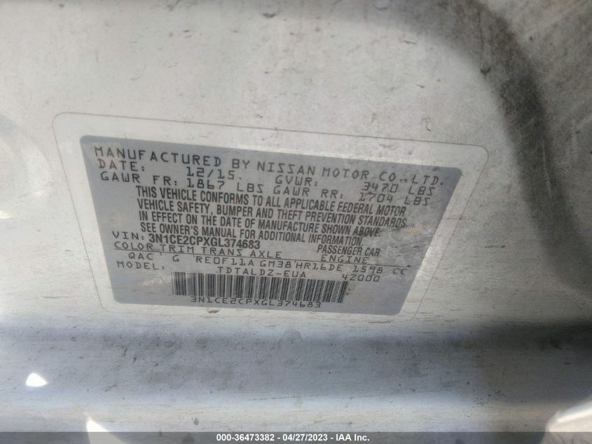 2016 NISSAN VERSA NOTE S/S PLUS/SV/SR/SL - 3N1CE2CPXGL374683