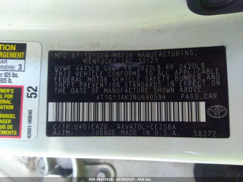 2022 TOYOTA CAMRY SE - 4T1G11AK2NU640594