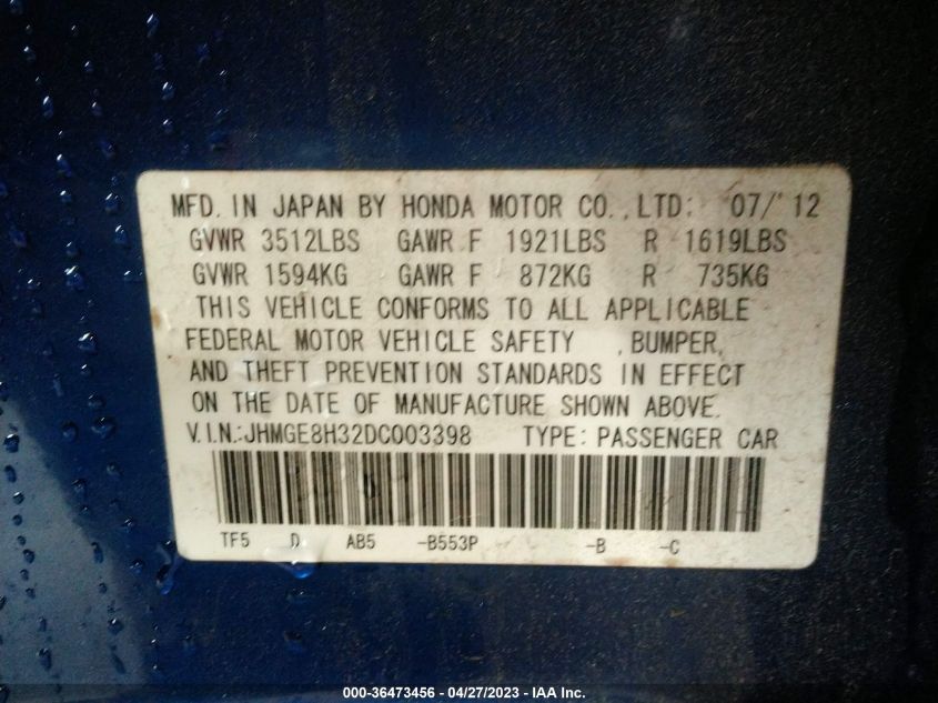 2013 HONDA FIT - JHMGE8H32DC003398