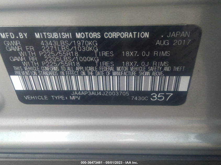 VIN JA4AP3AU4JZ003705 2018 MITSUBISHI OUTLANDER SPORT 2.0